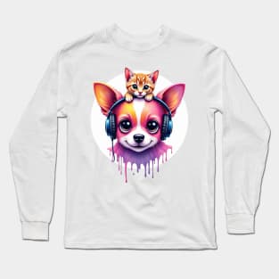 Cute dog with headphones and a cute cat on his head for both cat and dog lovers Long Sleeve T-Shirt